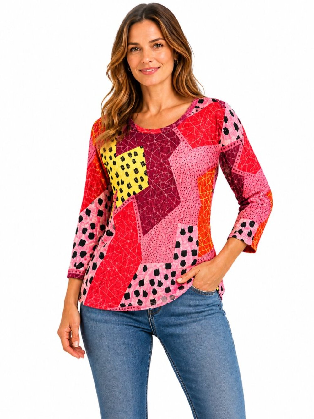 DAVID CLINE Crushed Knit Pullover Top Red Pink Abstract "ART" Print Women’s M